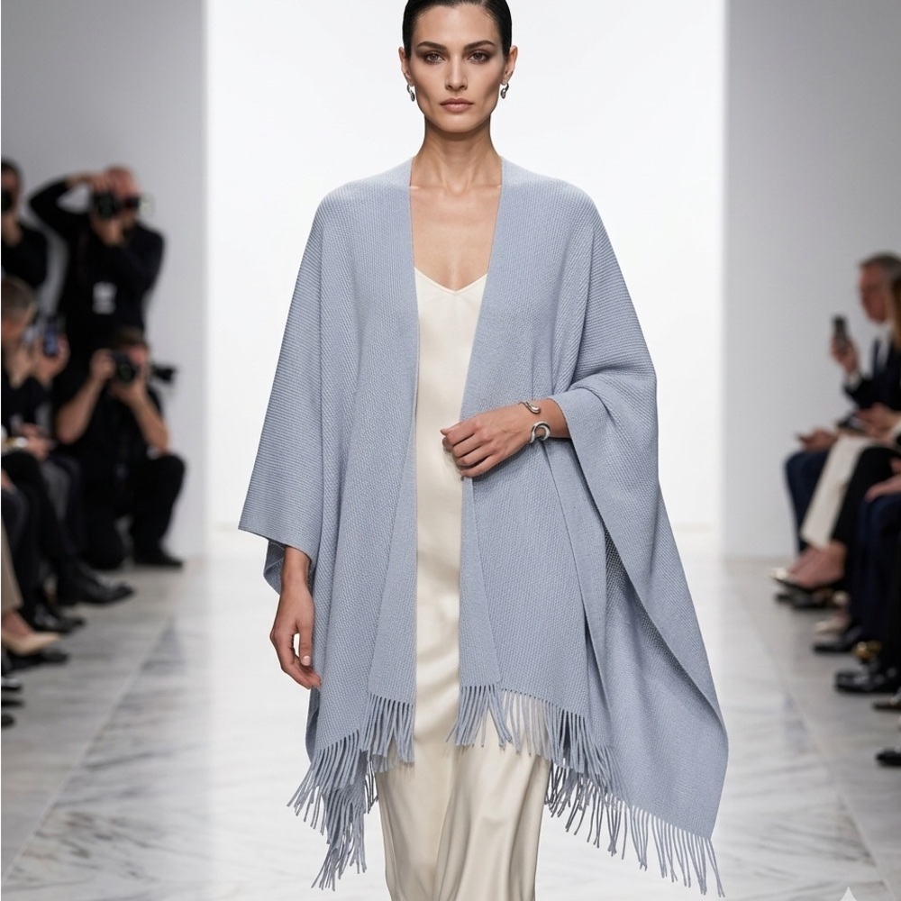 NWT Time and Tru Light Blue Fringed Hem Soft Knit Open Poncho Shawl OS